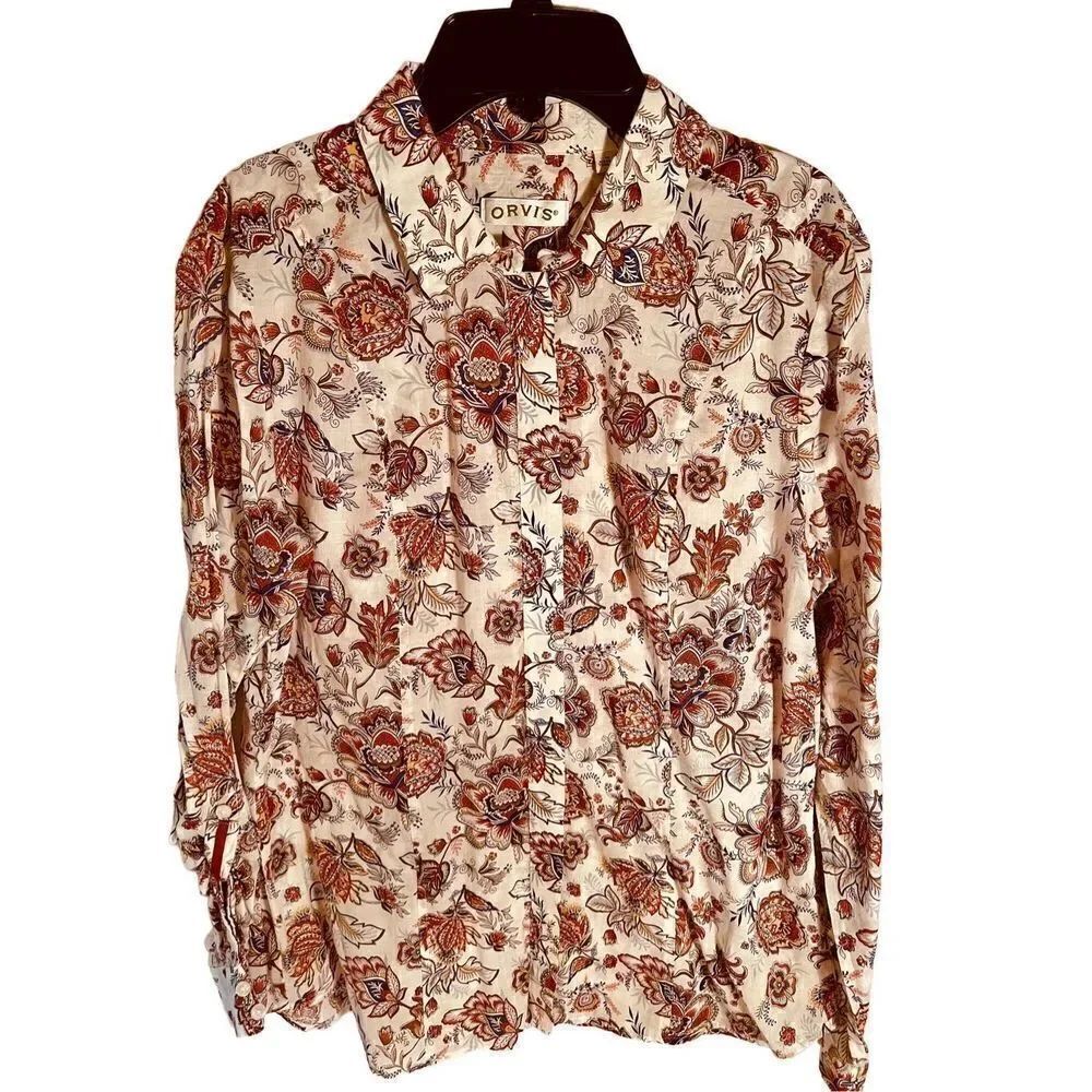 Orvis Shirt Womens 12 Ivory Floral Button Up Long Sleeve Collar Outdoorsy